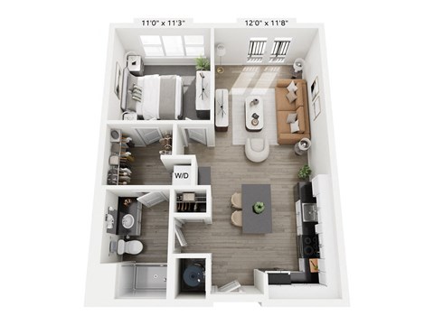 The Harmony floor plan at Contrast OTR in Cincinnati’s Over-the-Rhine is a modern one-bedroom, one-bathroom layout with open living, sleek kitchen, walk-in closet, and in-unit washer and dryer—ideal for downtown living near TQL Stadium